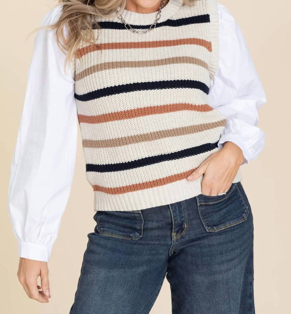 NEW FATE layered shirt stripe sweater in taupe
